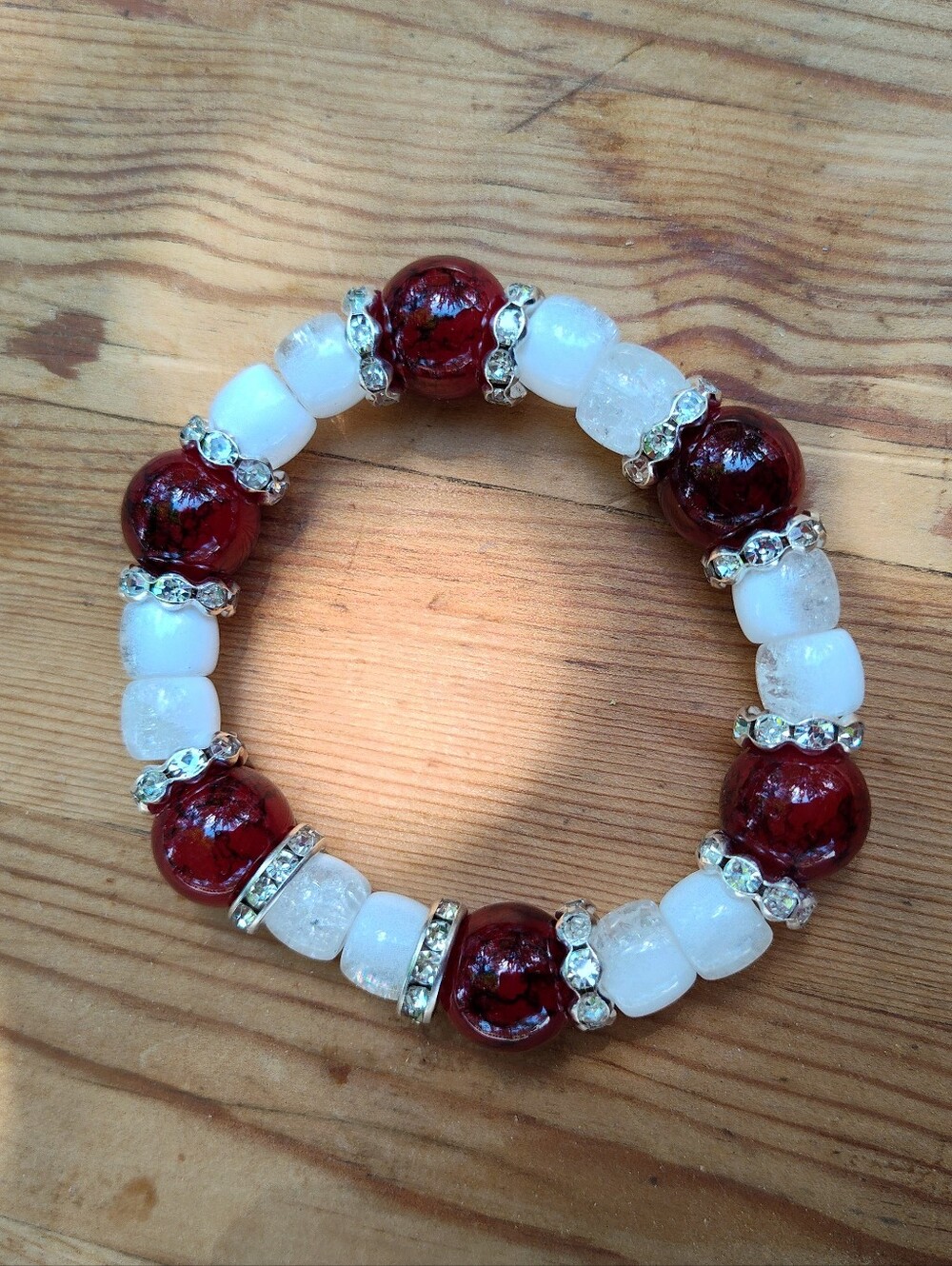 Elegant Red and White Glass Beaded Bracelet Handmade New